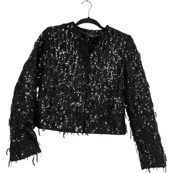 Zara Womens Sequin Blazer Jacket XS Black Fringe Textured Cropped 9659/630 NWT - Picture 2 of 16